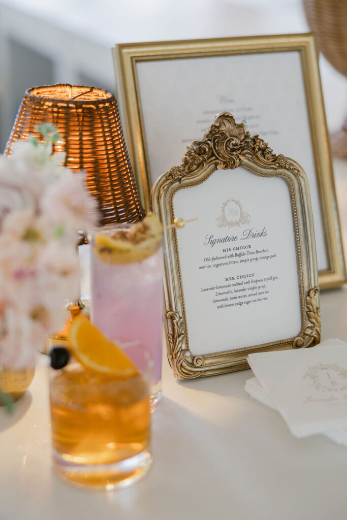 luxury wedding signature drinks and sign