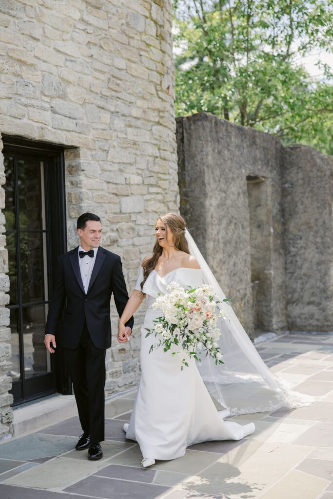 Newly married couple walking