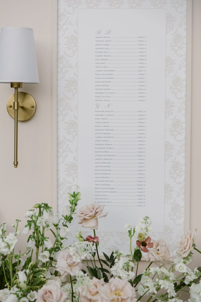 seating chart display with florals